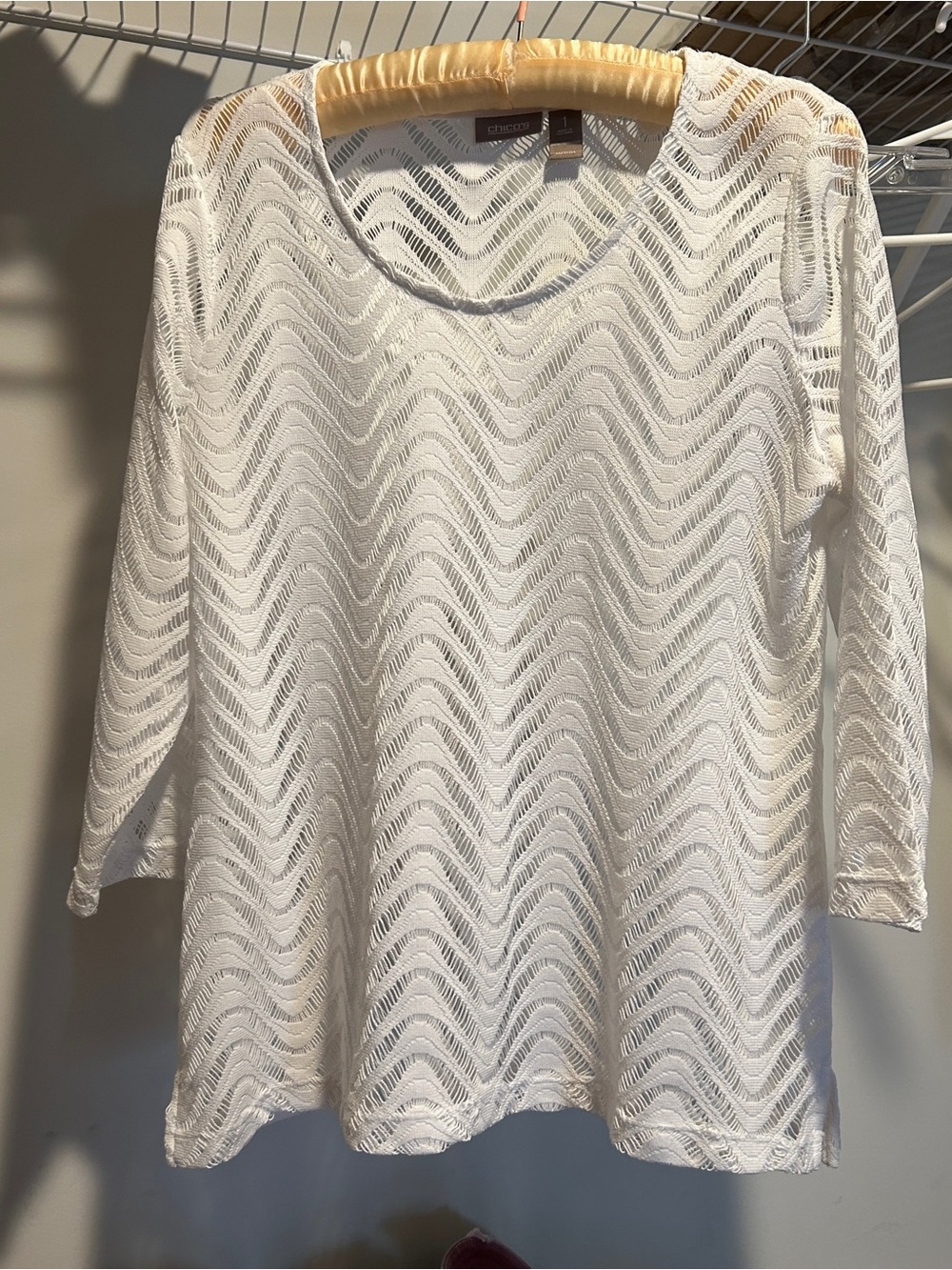 Cute Chico's White Crochet Wave-Pattern Sheer top. Size 1